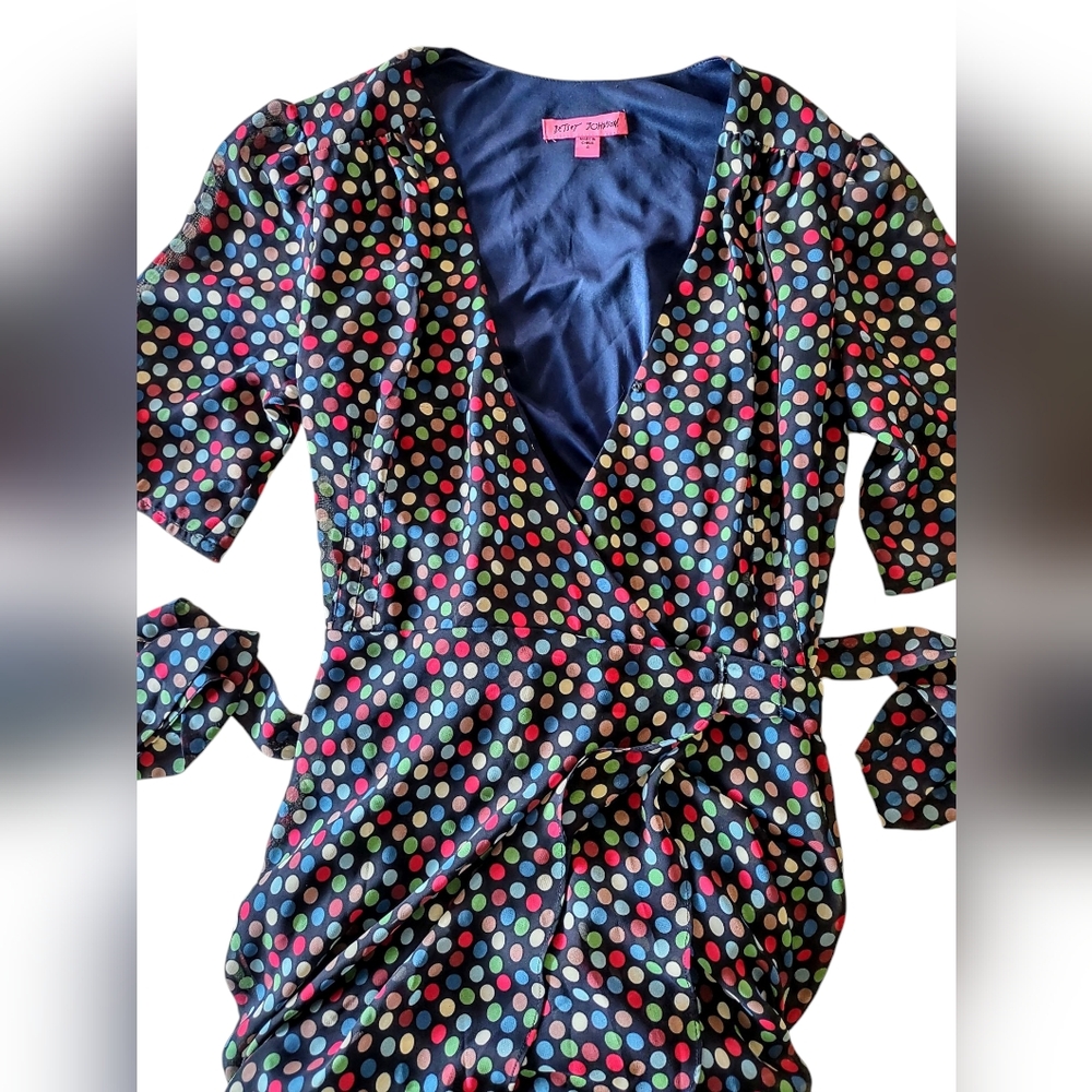 Betsy Johnson Wrap Dress sz 4 Small Graduated Hemline Mid-Length Polka Dot Sheer